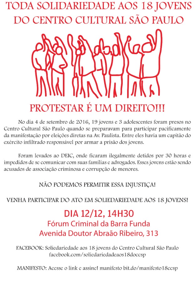 Solidariedade aos 18 jovens detidos no Centro Cultural São Paulo