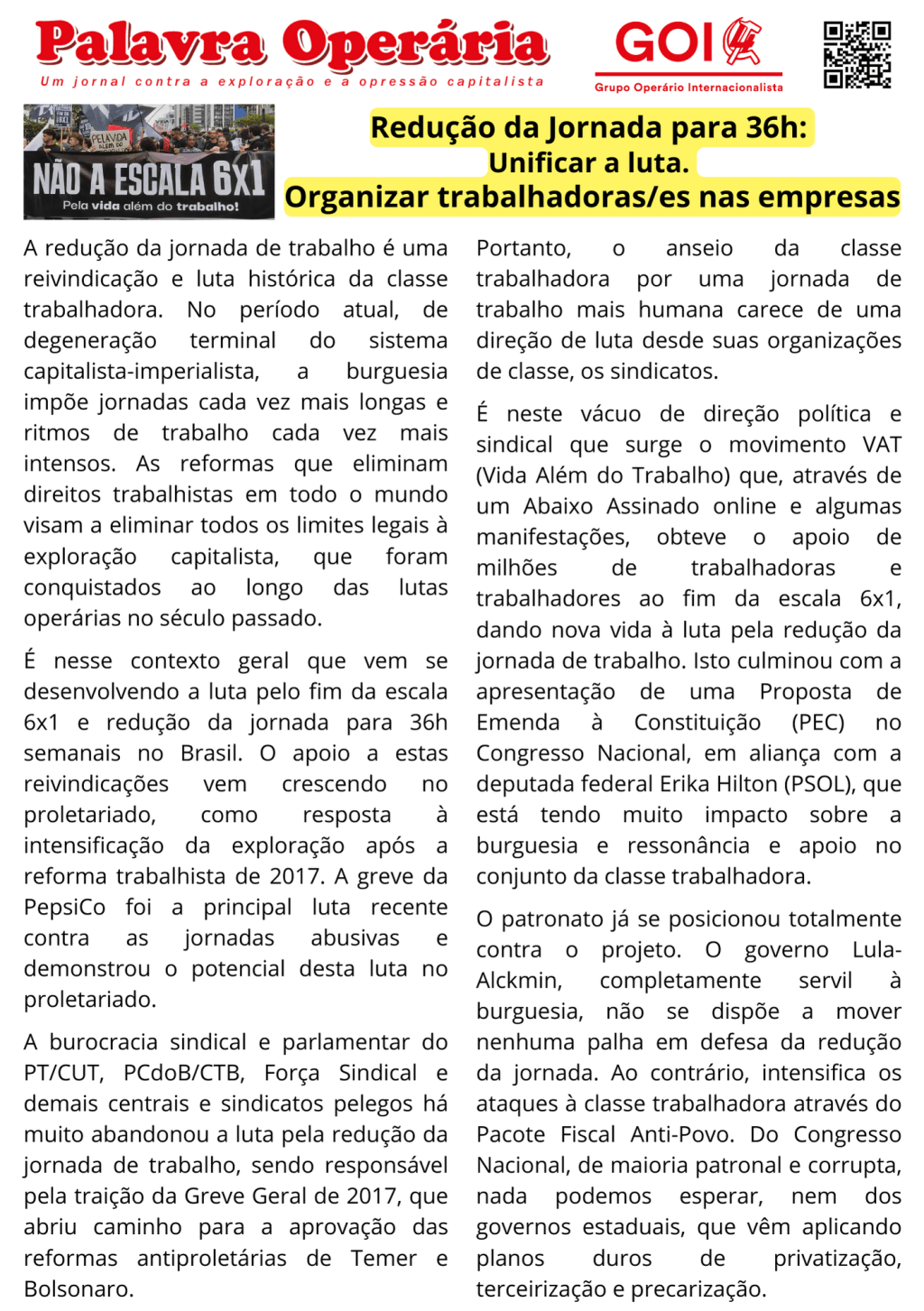 Ato Nacional pelo Fim da Escala 6×1 e pela Jornada de 36h semanais